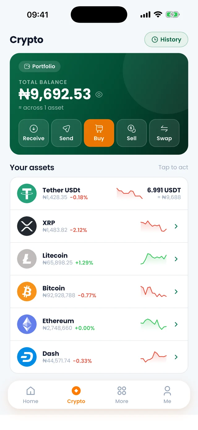 Crypto balances in the Paymonetra app